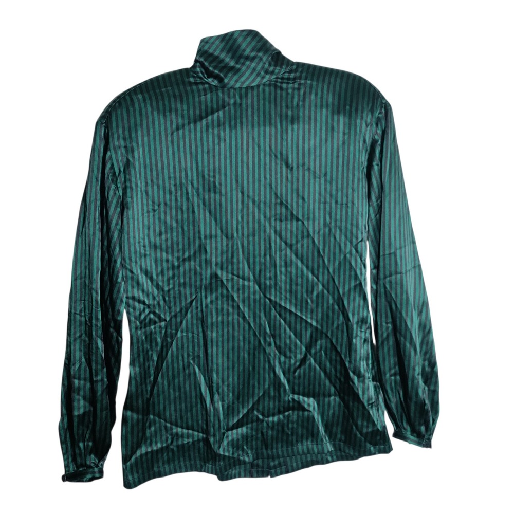 Linda Allard Ellen Tracy 100%‎ Silk Striped Blouse Green Black High Neck Size 8
